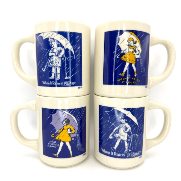 Morton Salt Other - Vintage Morton Salt Girl Coffee Mug Set 4 Historical Logos 1914-1968 Cream Blue
